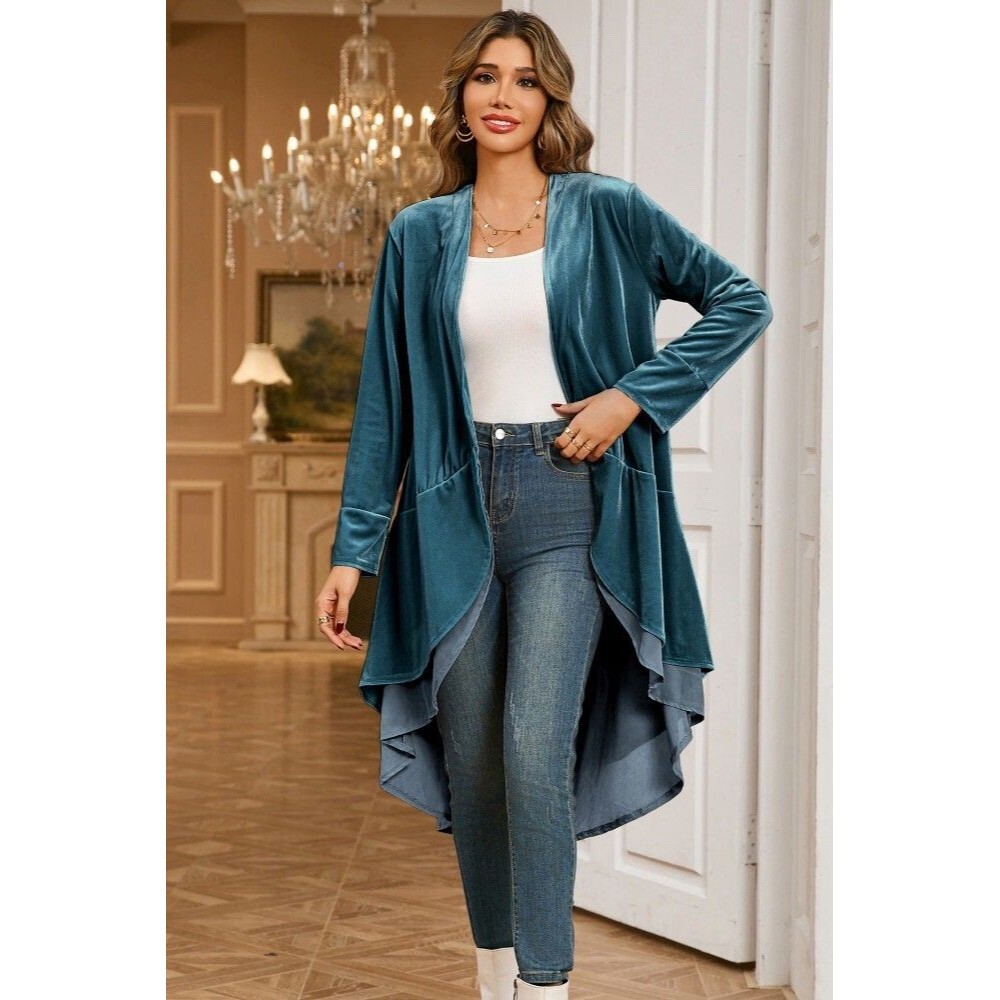 NWT R.Vivimos Ruffled Asymmetric Long Velvet Blazers Coat Casual Jacket XL 16 18